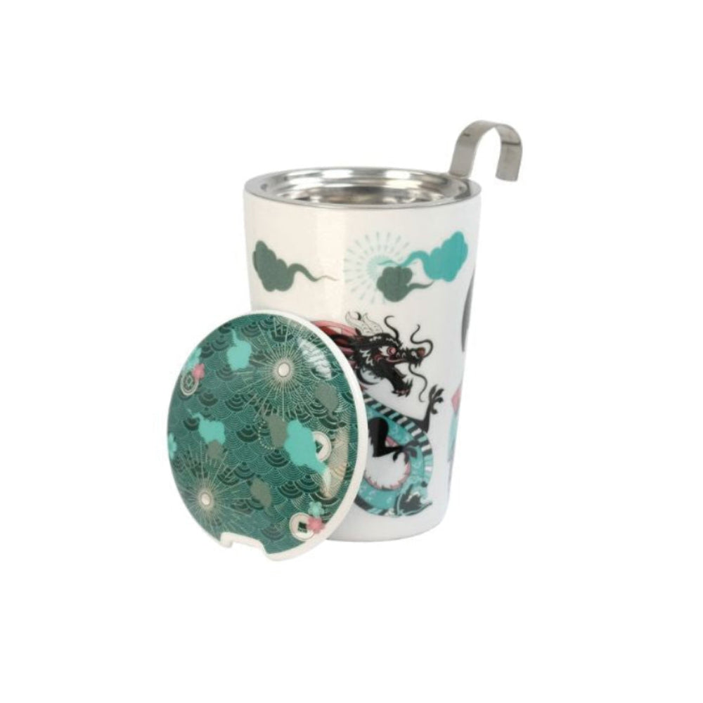 Eigenart teaeve Geisha blauw theebeker met losse theefilter en deksel. dubbelwandig porselein met losse deksel