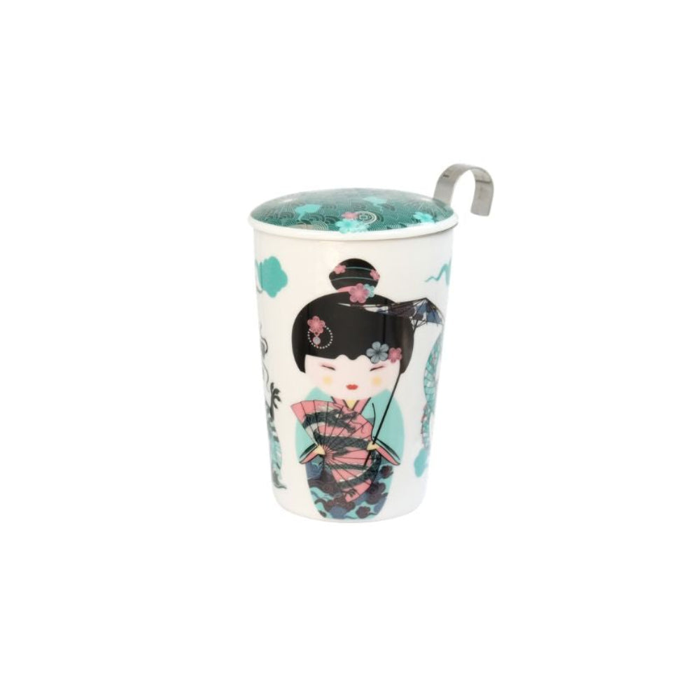 Eigenart teaeve Geisha blauw theebeker met losse theefilter en deksel. dubbelwandig porselein