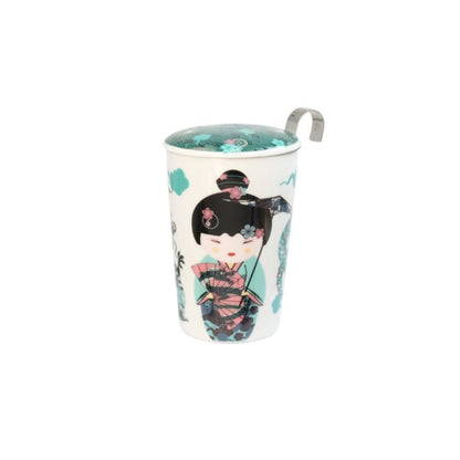 Eigenart teaeve Geisha blauw theebeker met losse theefilter en deksel. dubbelwandig porselein