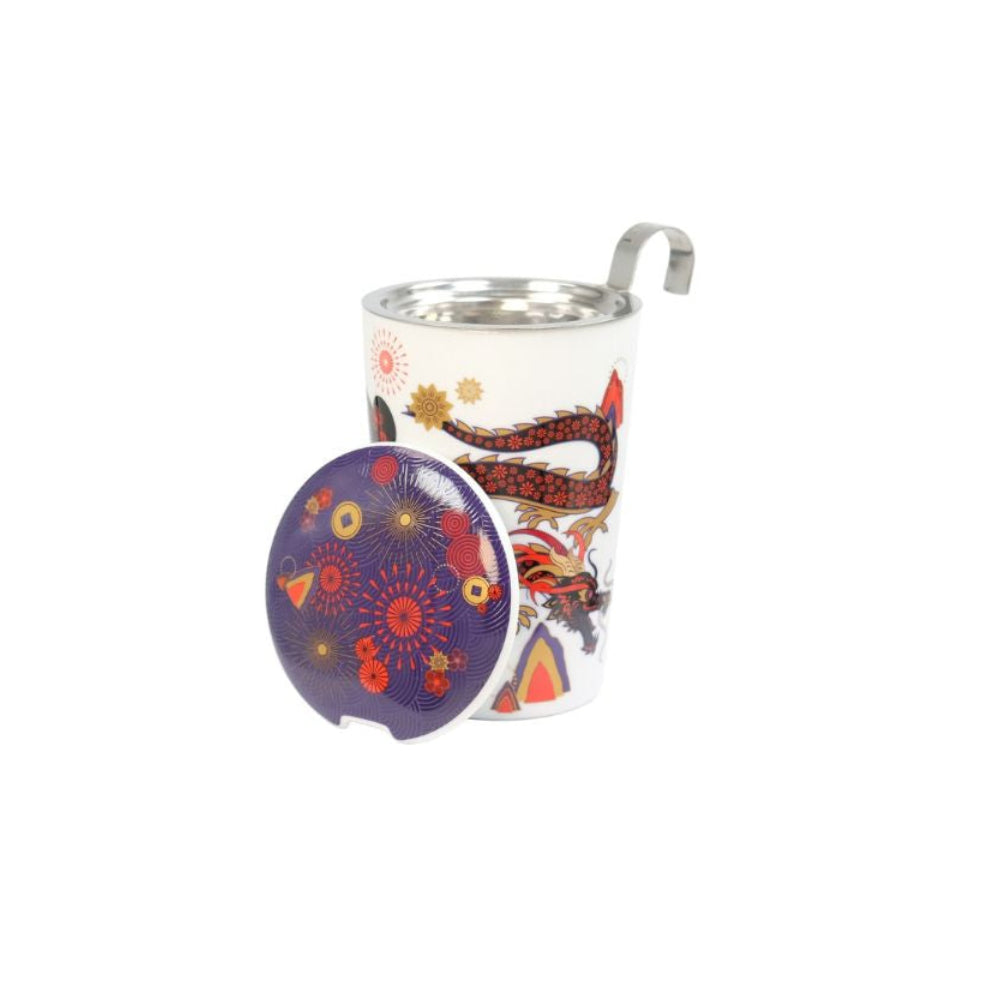 Eigenart Teaeve Geisha fire dubbelwandige theebeker met een geisha in rood achterkant met deksel en Japanse rode draak