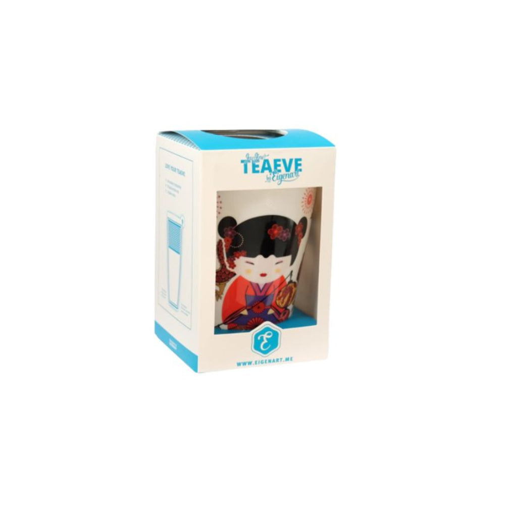 Eigenart Teaeve Geisha fire dubbelwandige theebeker met een geisha in rood  in verpakking