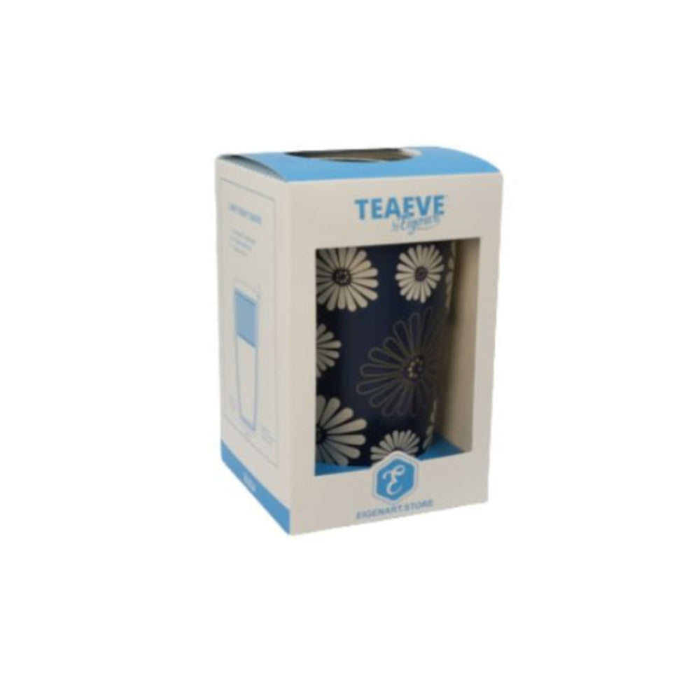 Eigenart Teaeve Amami blauw dubbelwandige theebeker donkerblauw met witte bloemen in verpakking