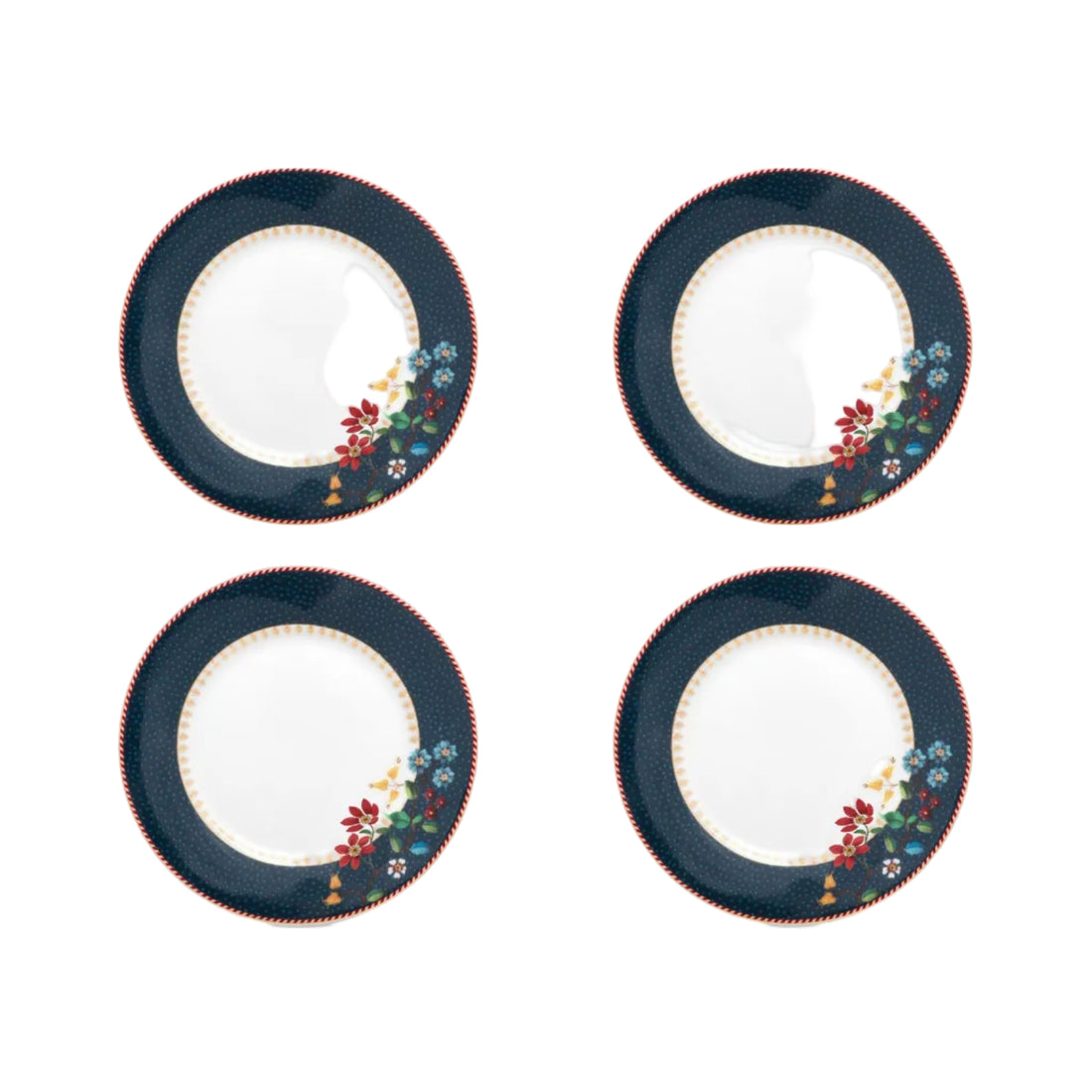 Pip Studio Gebaksborden Set van vier uit de collectie Berry Blues Donkerblauw met bloemen