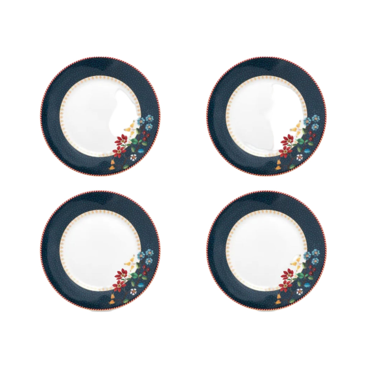 Pip Studio Gebaksborden Set van vier uit de collectie Berry Blues Donkerblauw met bloemen