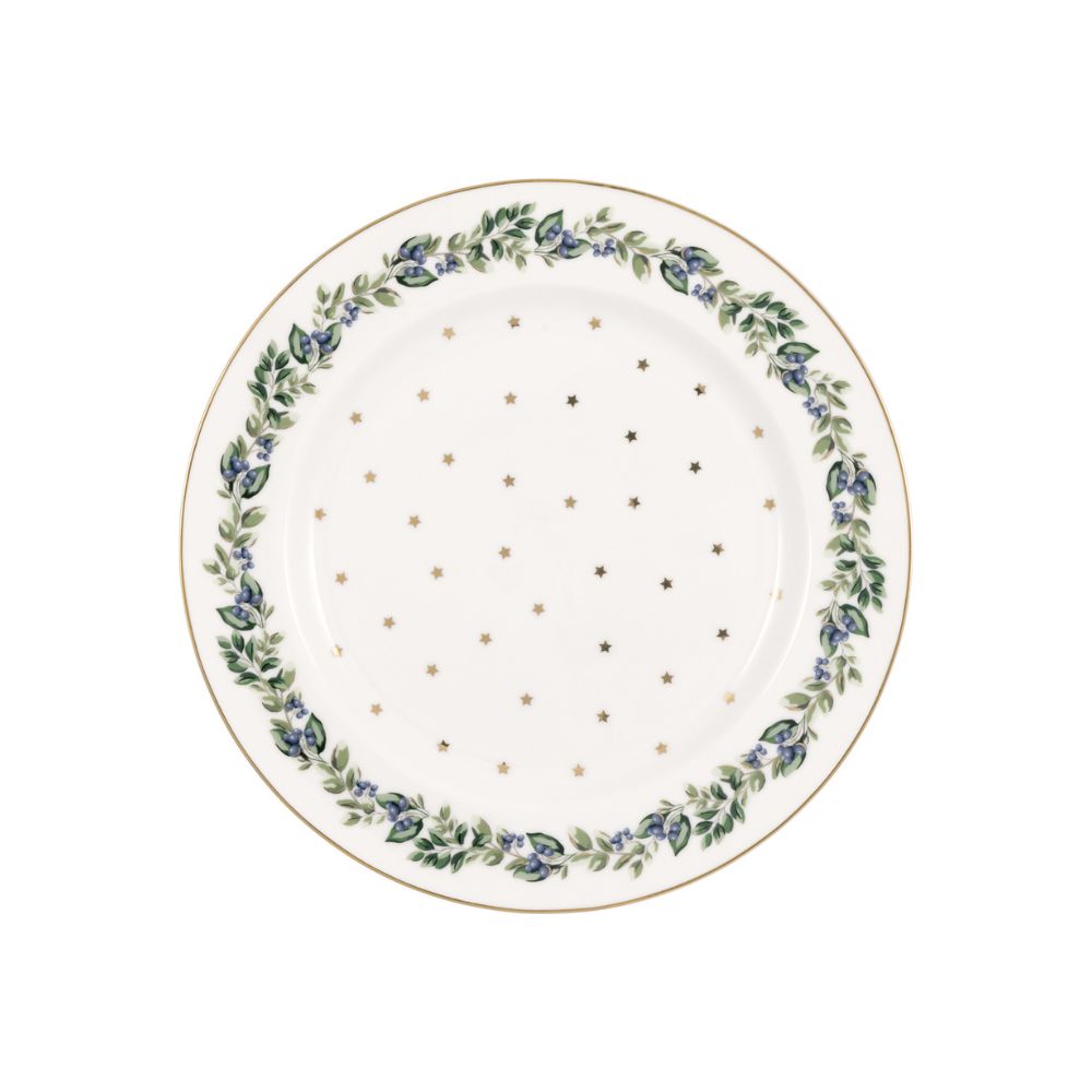 Kerstservies Gebaksbord Greengate hulst rand en gouden sterren. 