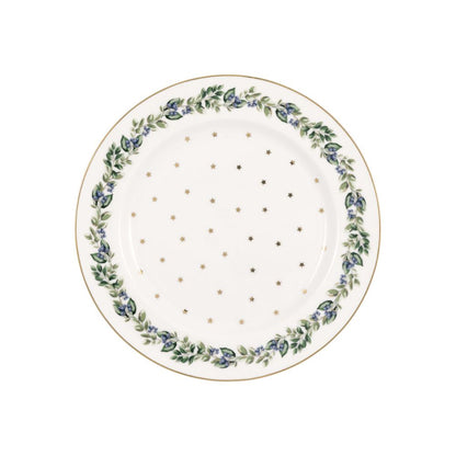Kerstservies Gebaksbord Greengate hulst rand en gouden sterren. 