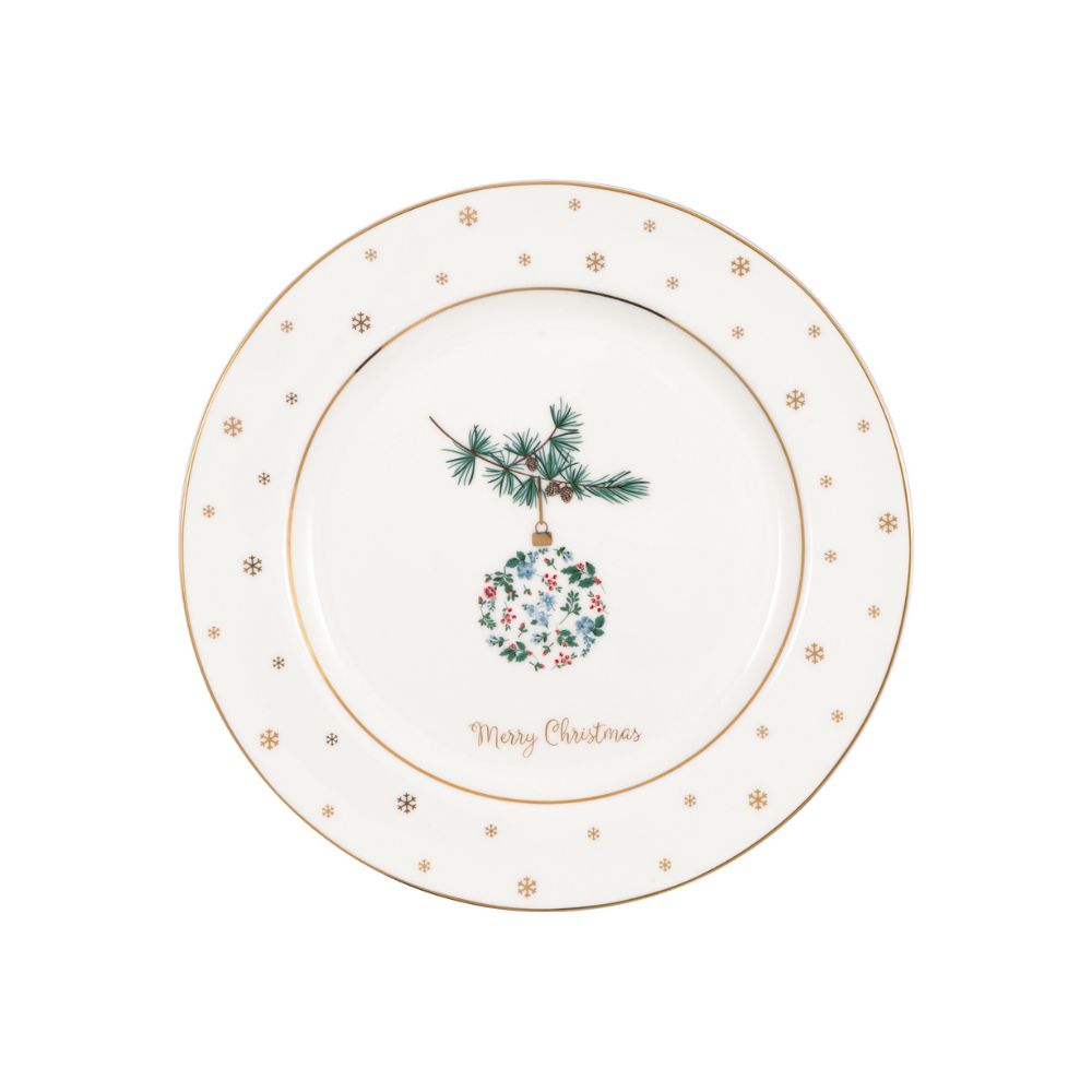 Greengate kerstservies Ontbijtbord Gouden sterren en kerstbal en de tekst Merry Christmas in goud. Diameter 20.5cm. Alleen handwas