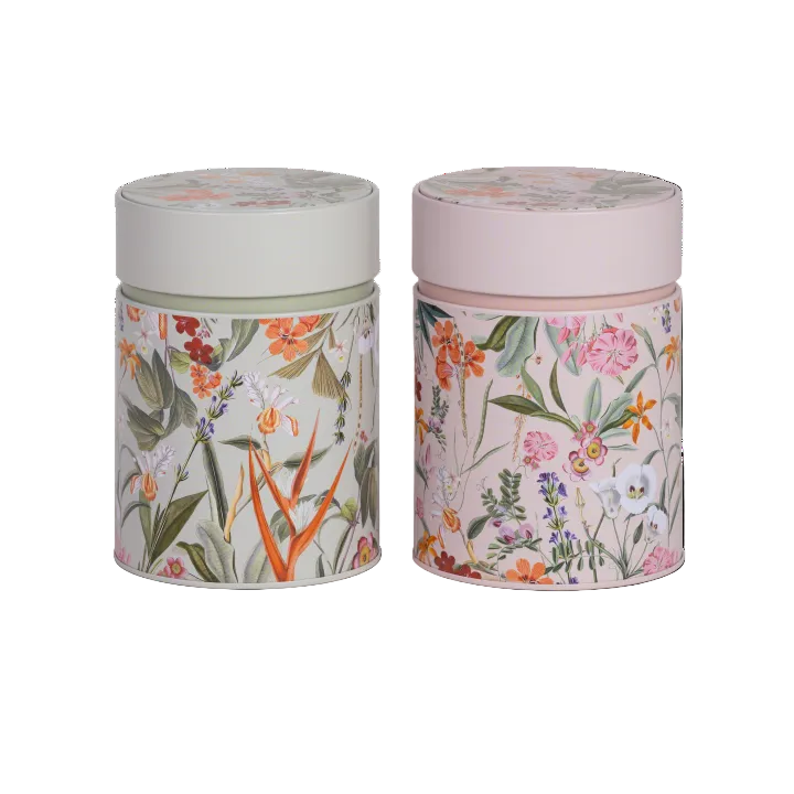 Eigenart Mira theeblikken set van twee - lichtgroen en Roze met bloemen - Metaal - inhoud 500 gram