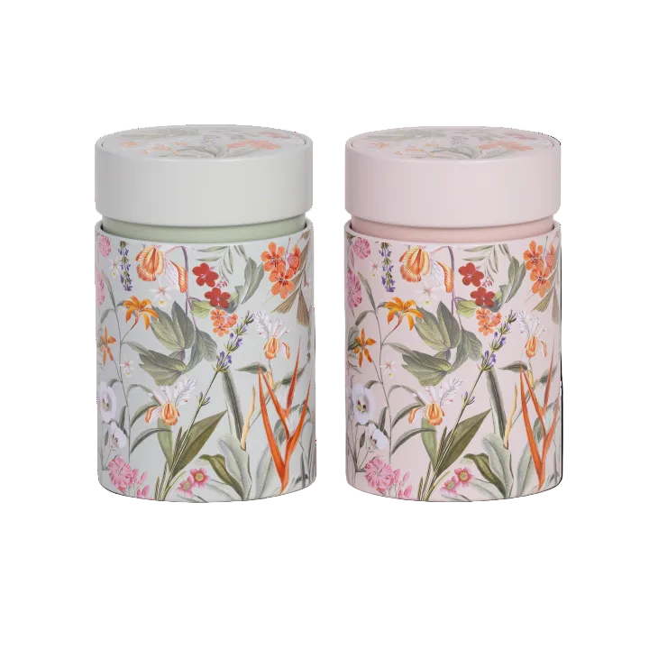 2 ronde theeblikken 150 gram roze en lichtgroen met bloemen Eigenart MIra theeblikken set