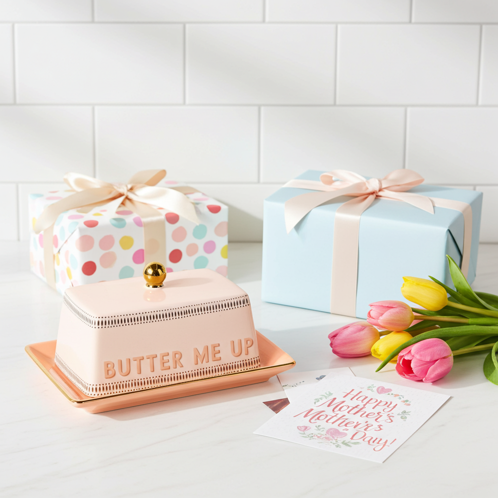Botervloot met slogan Butter me up. Roze met oranje porselein en goud accenten. Yvonne Ellen London