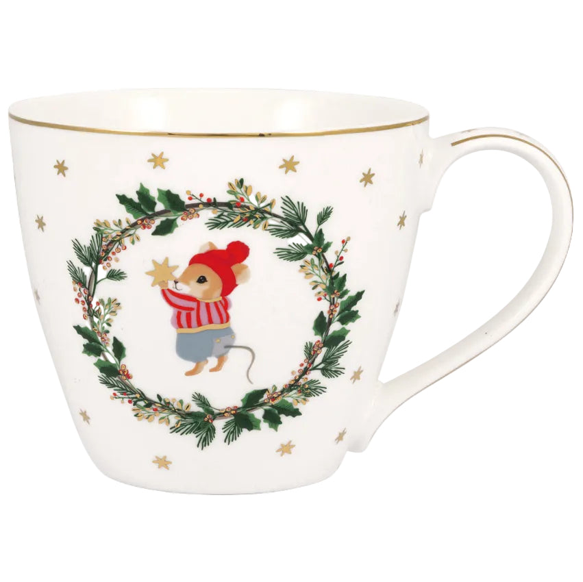 Greengate Joanni kerstbeker met illustratie van muisje in kerst met gouden sterren