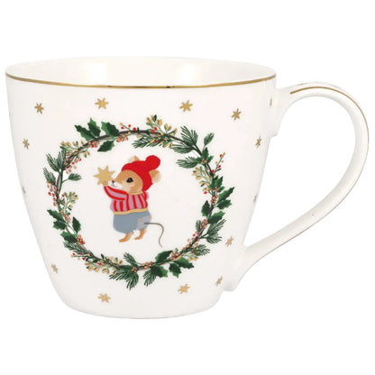 Greengate Joanni kerstbeker met illustratie van muisje in kerst met gouden sterren