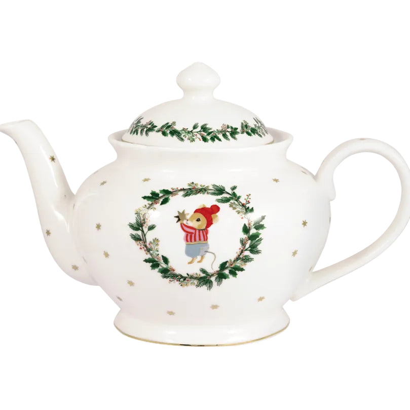 Greengate Joanni Theepot Wit met gouden sterren muisje en hulst inhoud 1000ml