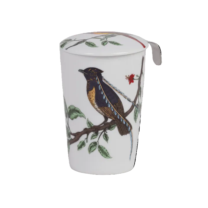 Eigenart teaeve birds theebeker wit met vogel op tak. theeset bestaat uit dubbelwandige theebeker, losse deksel en inox rvs theefilter