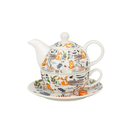 tea for one set met luierende katten, met losse theefilter. Duo Gifts