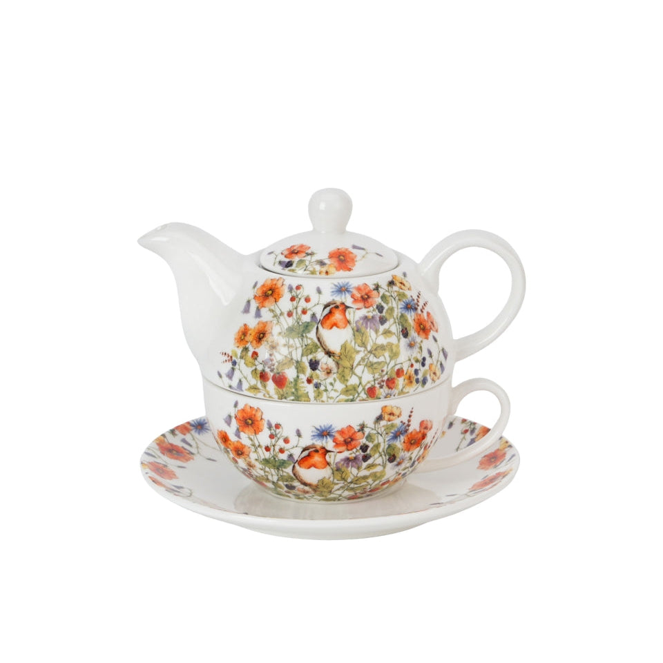 Tea for one set met roodborstje en bloemen