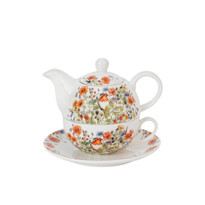 Tea for one set met roodborstje en bloemen