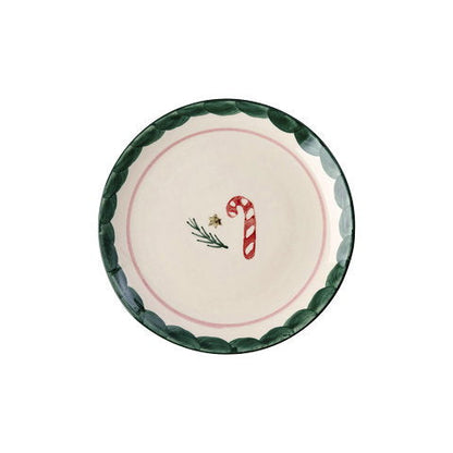 Rice kerst gebaksbordje in off white met candy cane motief en donkergroene schulprand, van bovenaf gezien.