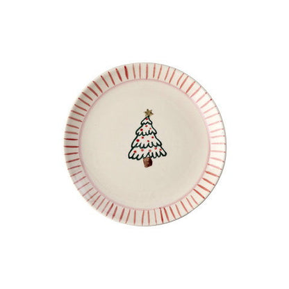 Rice kerst gebaksbordje in off white met kerstboom en rood gestreepte rand, van bovenaf gezien.