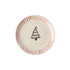 Rice kerst gebaksbordje in off white met kerstboom en rood gestreepte rand, van bovenaf gezien.
