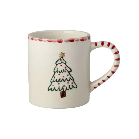 Rice kerstmok in off white met kerstboom, rode randdecoratie en rood gestreept oor.