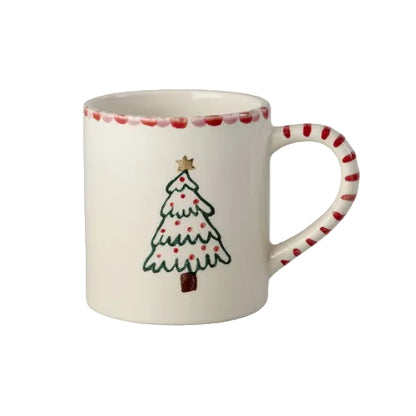Rice kerstmok in off white met kerstboom, rode randdecoratie en rood gestreept oor.