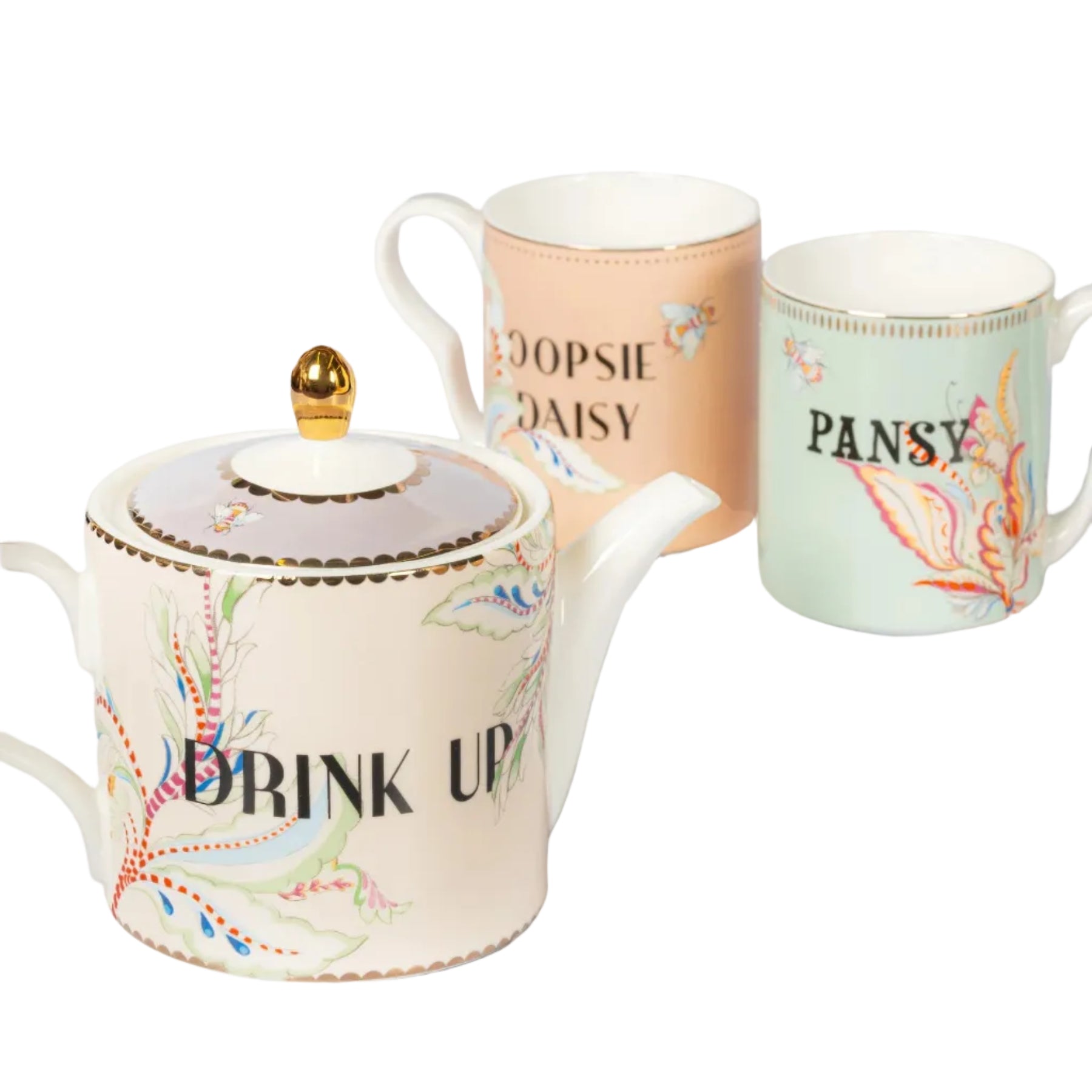 Theeset van Yvonne Ellen London. Theepot met 2 mokjes in cadeaudoos verpakt.