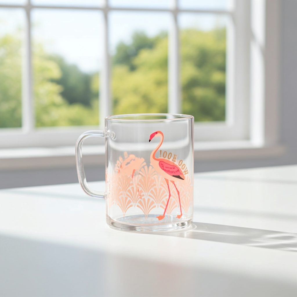 Een glazen theebeker met flamingo. yvonne Ellen London. Borosilicaat glas. 