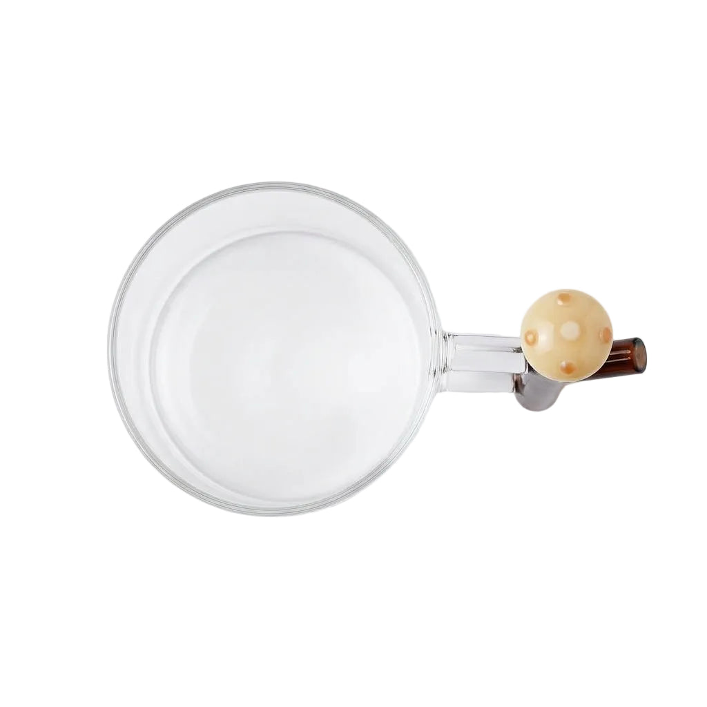 Ichendorf Milano glazen mok 450ml met paddenstoel handvat in amber en bruin, handgemaakt borosilicaatglas. van bovenkant.