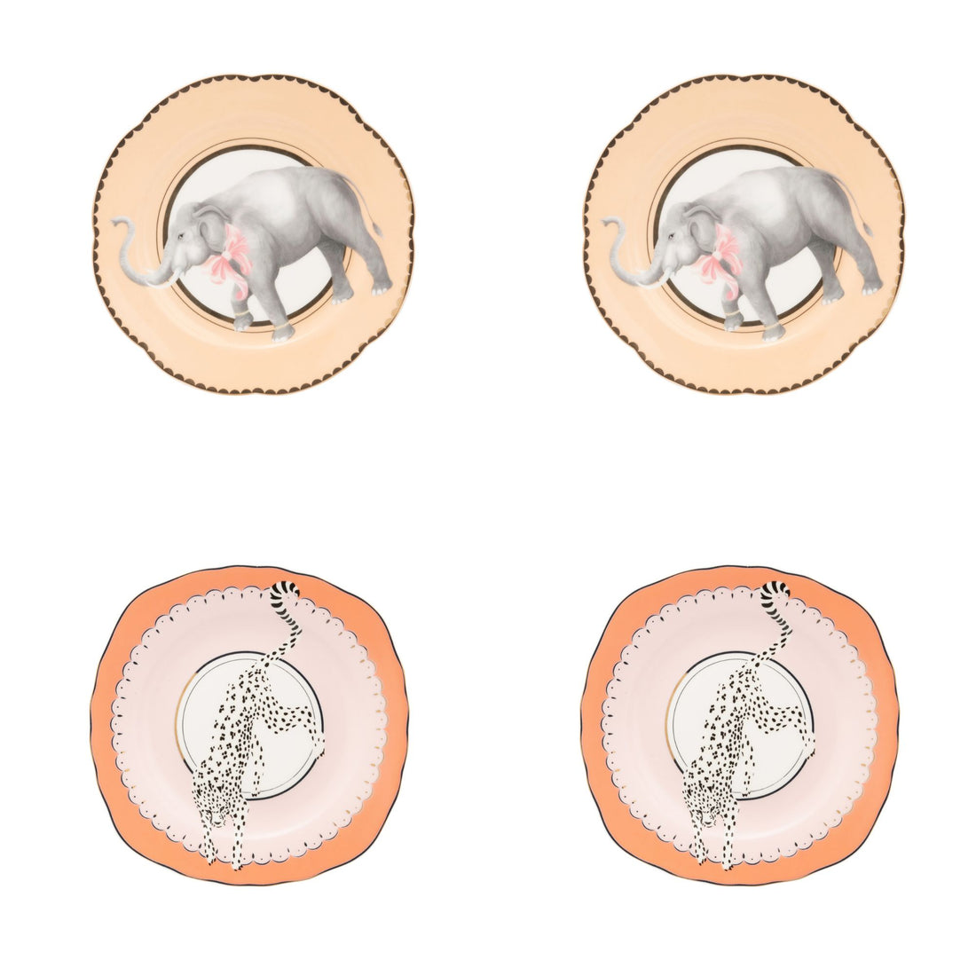 Gebaksborden safari dieren olifant en luipaard Yvonne Ellen London set van vier, diameter 16cm, porselein, niet vaatwasserbestendig