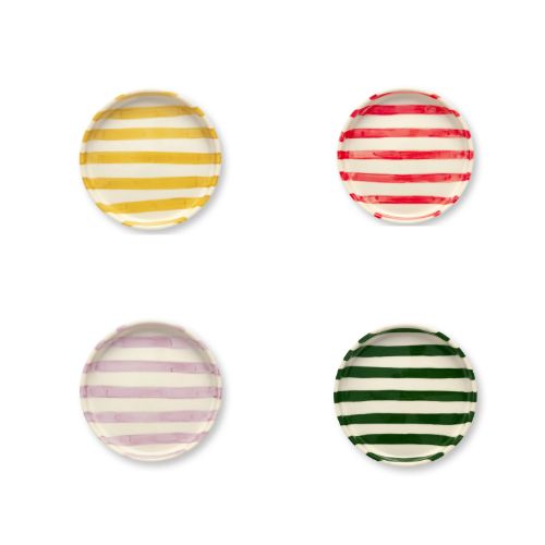 4 gebaksborden VT Wonen Stripes 13cm keramiek Bundel 1 x geel, 1 x rood, 1 x lila en 1 x groen. handbeschilderde strepen