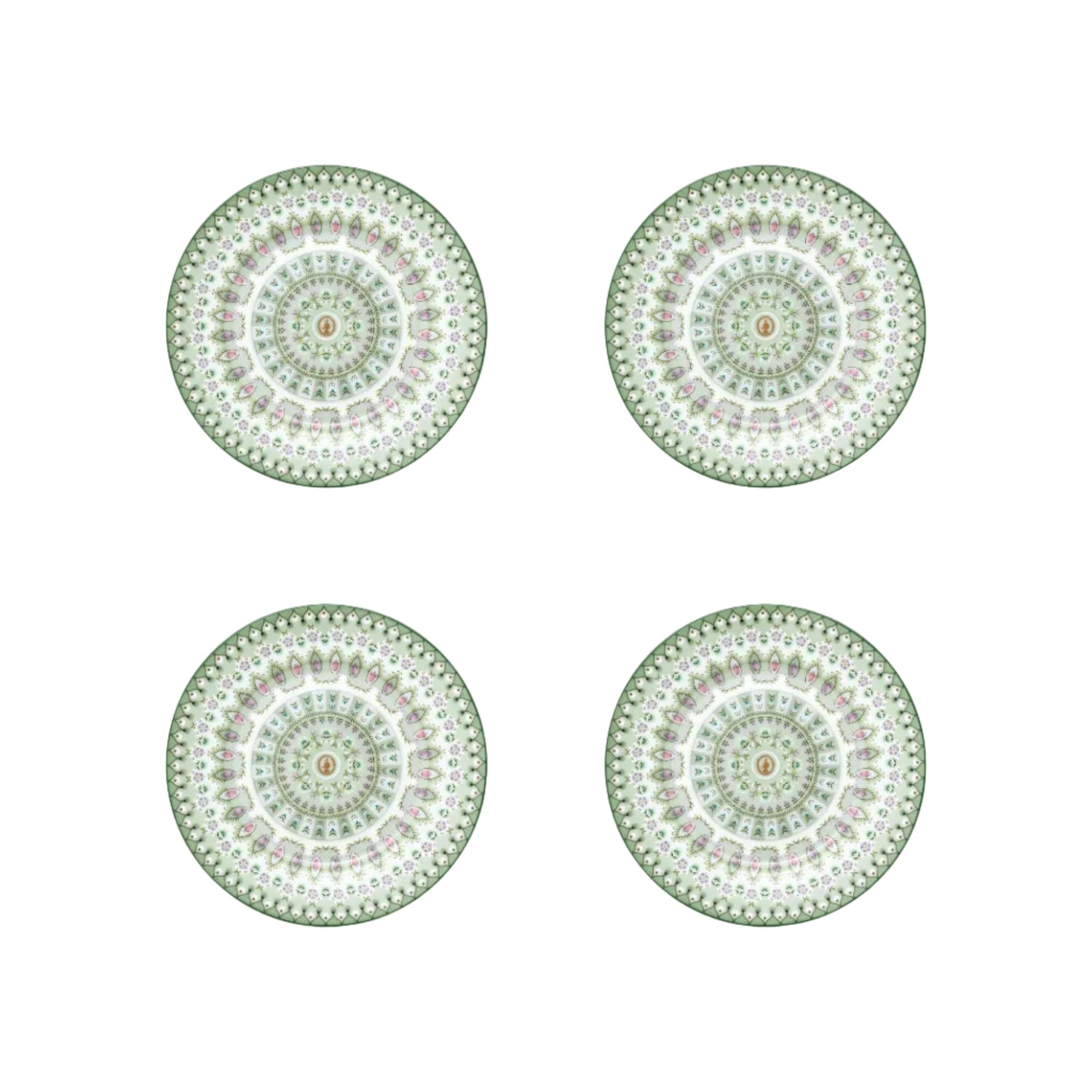 Gebaksborden groen set van vier Pip Studio servies Lily en lotus. Geometrisch patroon. Vaatwasserbestendig