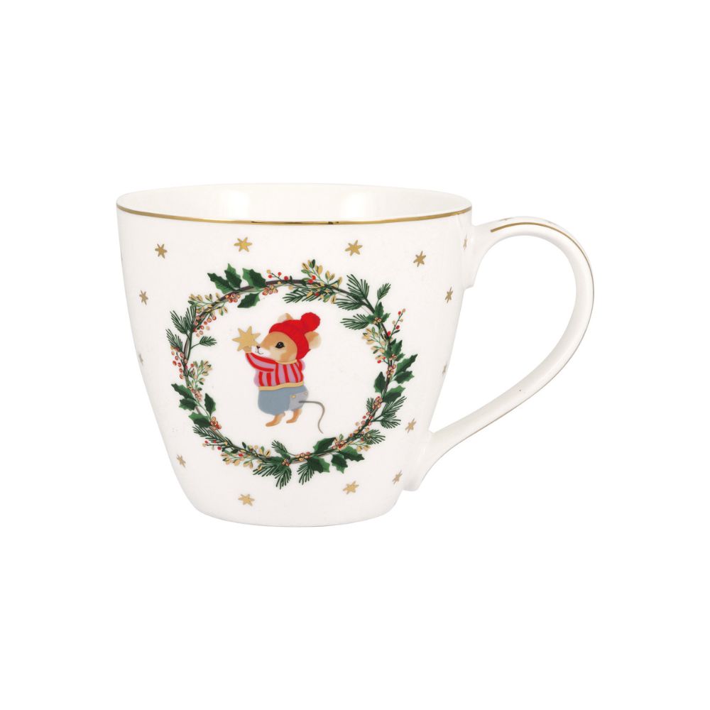 Kerst servies van Greengate Joanni kerstmok met schattige muisje met hulstring en gouden sterren