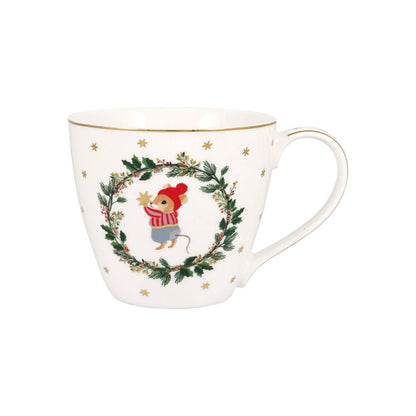 Kerst servies van Greengate Joanni kerstmok met schattige muisje met hulstring en gouden sterren
