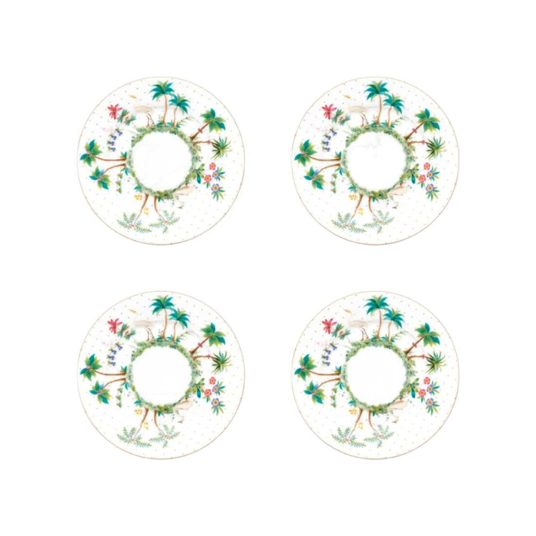 Set van vier porseleinen gebaksborden van Pip Studio servies collectie Jolie. Tropische rand met heron en zwaan en gouden stippen. 