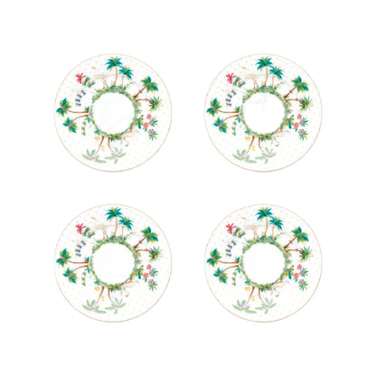 Set van vier porseleinen gebaksborden van Pip Studio servies collectie Jolie. Tropische rand met heron en zwaan en gouden stippen. 