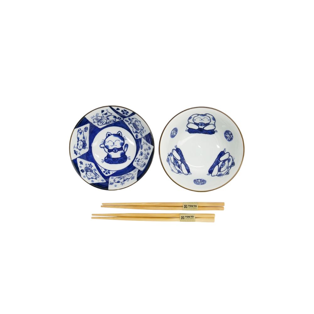 Kawaii Lucky Cat Kommen Set Blauw – Set van 2 | Tokyo Design Studio bovenkant met zicht in de kom met lucky Cat in blauw