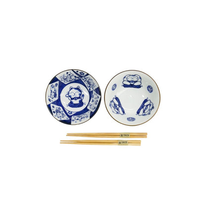 Kawaii Lucky Cat Kommen Set Blauw – Set van 2 | Tokyo Design Studio bovenkant met zicht in de kom met lucky Cat in blauw