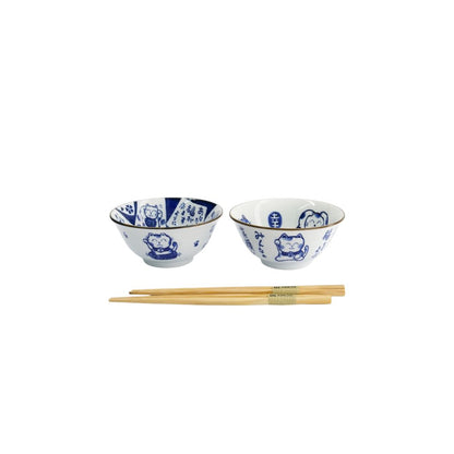 Kawaii Lucky Cat Kommen Set Blauw – Set van 2 | Tokyo Design Studio zijkant kommen met lucky cat