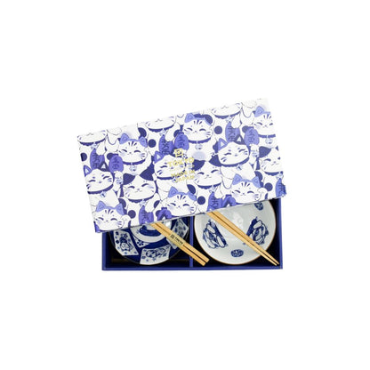 Kawaii Lucky Cat Kommen Set Blauw – Set van 2 | Tokyo Design Studio in cadeaudoos