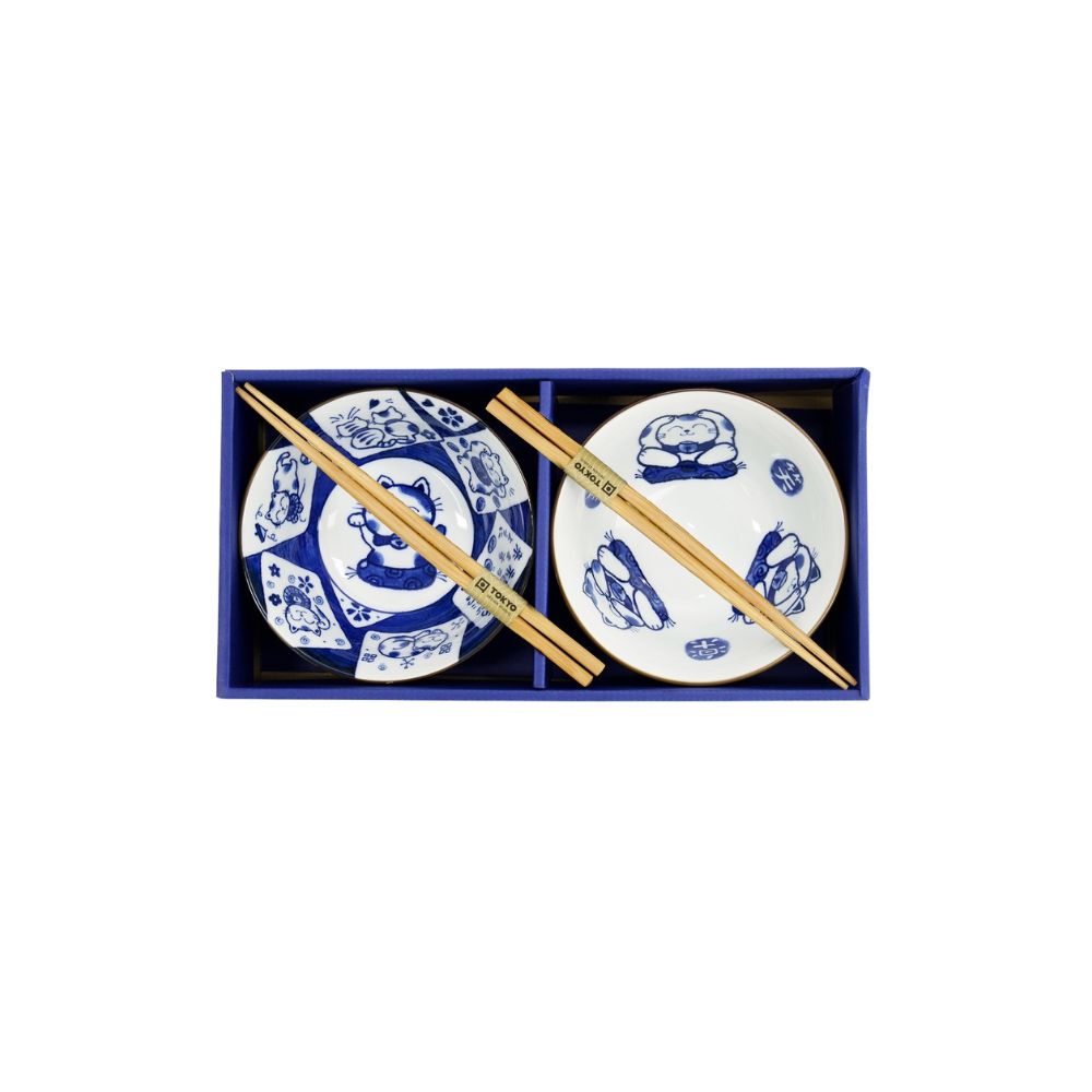 Kawaii Lucky Cat Kommen Set Blauw – Set van 2 | Tokyo Design Studio in cadeaudoos