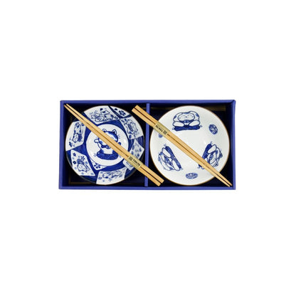 Kawaii Lucky Cat Kommen Set Blauw – Set van 2 | Tokyo Design Studio in cadeaudoos