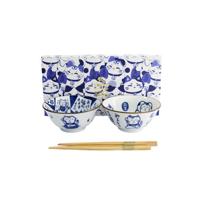 Kawaii Lucky Cat Kommen Set Blauw – Set van 2 | Tokyo Design Studio met cadeaudoos