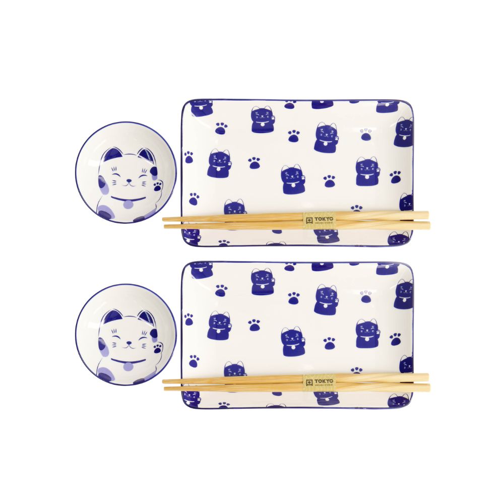Tokyo Design Kawaii Sushiset Maneko blue - 2 personen lucky cat blauw boven