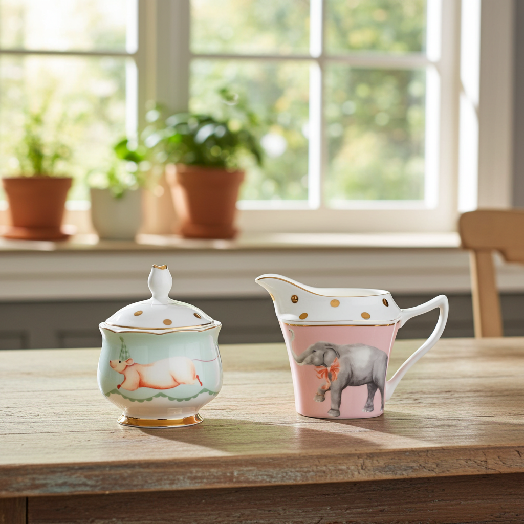 Suikerpot en melkkan van Yvonne Ellen London, Suikerpot mintgroen met muisje en melkkan roze met grijze olifant en gouden stippen. in cadeaudoos verpakt