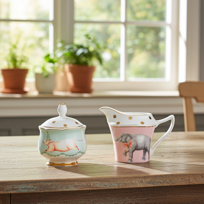 Suikerpot en melkkan van Yvonne Ellen London, Suikerpot mintgroen met muisje en melkkan roze met grijze olifant en gouden stippen. in cadeaudoos verpakt