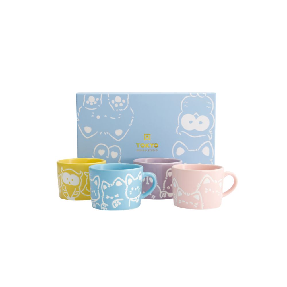 Tokyo Design Studio Set van 4 kleine mokjes pastel met kawaii dieren  zijkant met cadeaudoos
