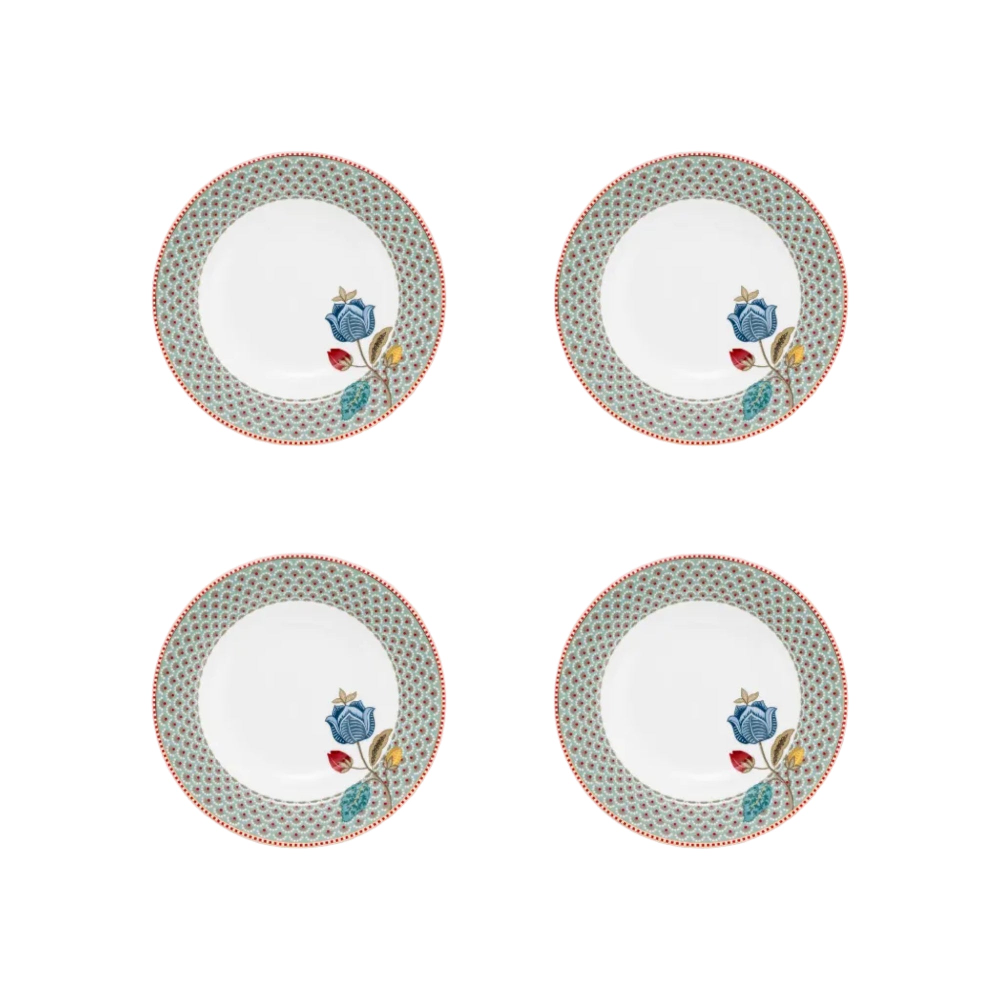 Diepe borden voor soep of pasta blauwe ran dmet bloemen Pip Studio Blooming tales fantasy set voor 4 personen