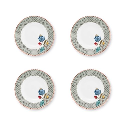 Set van vier porseleinen diepe borden met blauwe rand en blauwe bloem van Pip Studio Blooming Tales Fantasy Blue