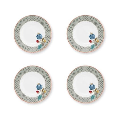Set van vier porseleinen diepe borden met blauwe rand en blauwe bloem van Pip Studio Blooming Tales Fantasy Blue